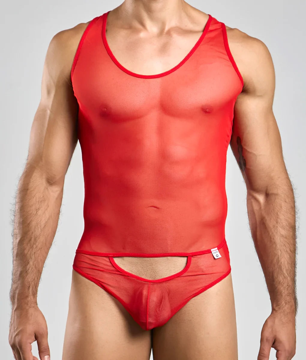 MOB men’s sexy all over sheer body red mesh tank top and briefs with bold trim and cutout design