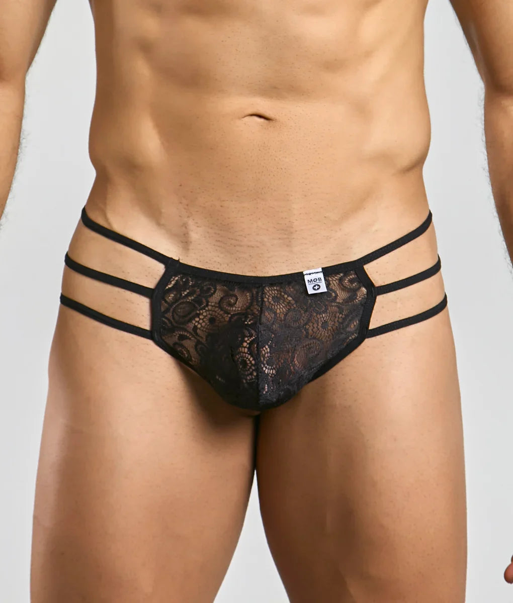 MOB men’s black lace pouch thong featuring three horizontal elastic straps for a stylish and supportive fit