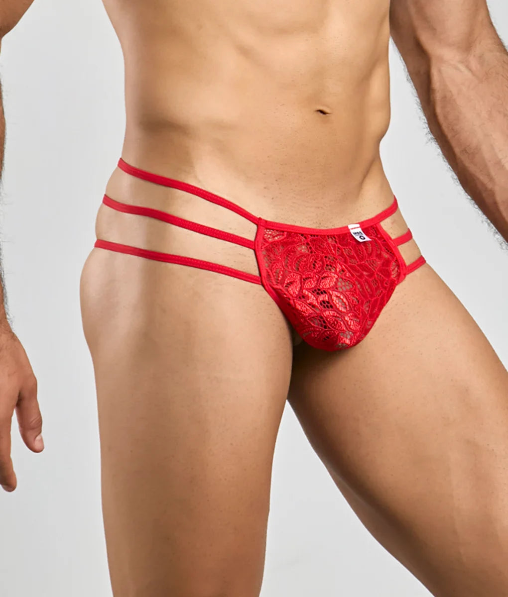 Red lace thong with three horizontal straps from mob men’s lace pouch thong collection in vibrant red lace material
