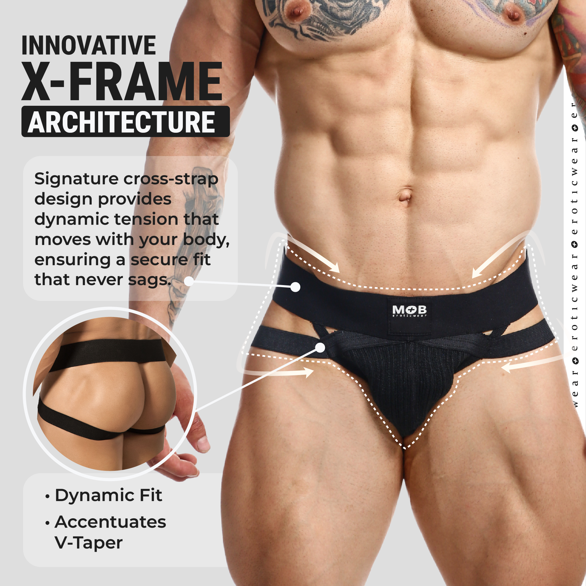 Black mob branded men’s x jockstrap with x-frame cross-strap design athletic briefs shown from the back