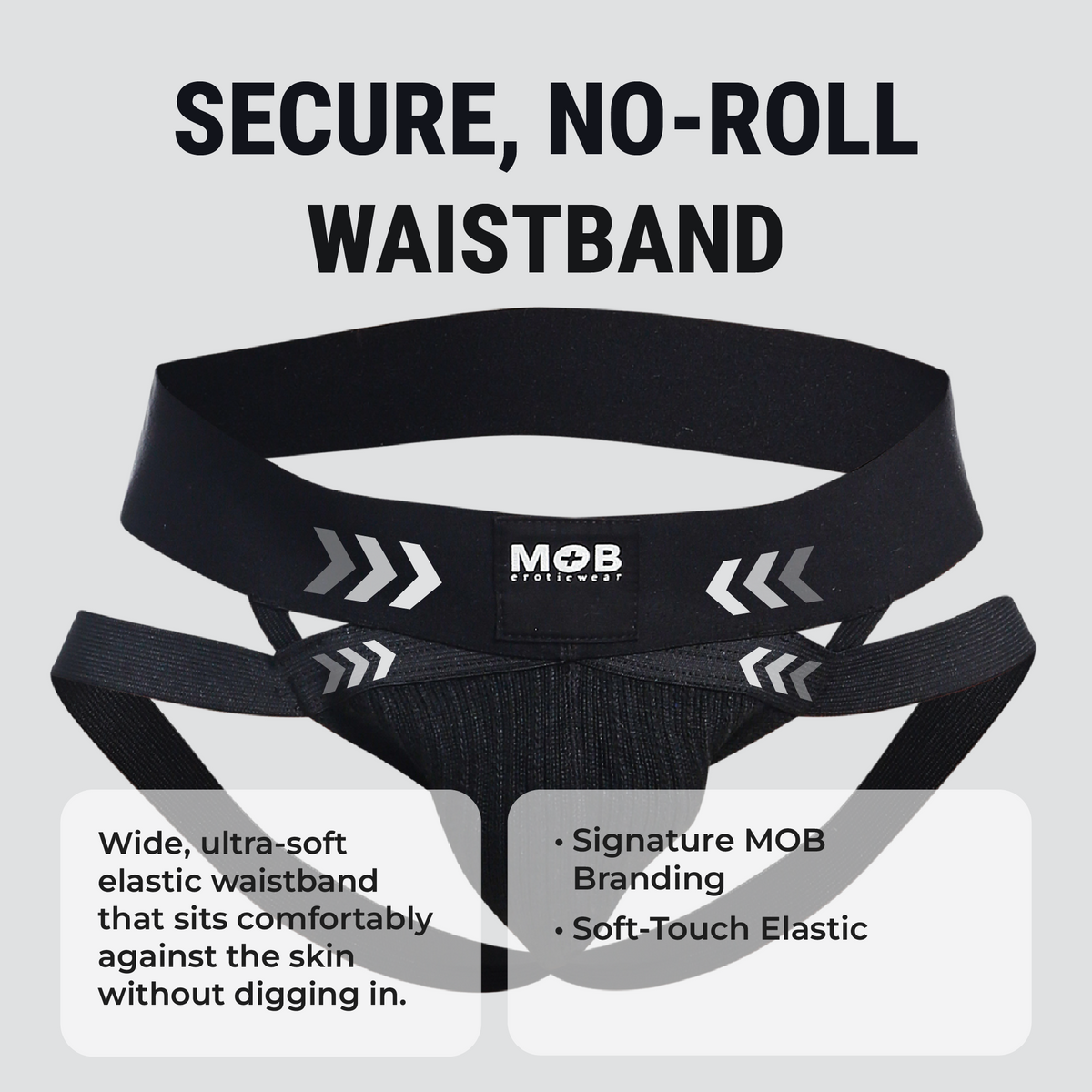 Men’s x jockstrap with black elastic waistband featuring white arrow graphics and mob eroticwear branding visible on back