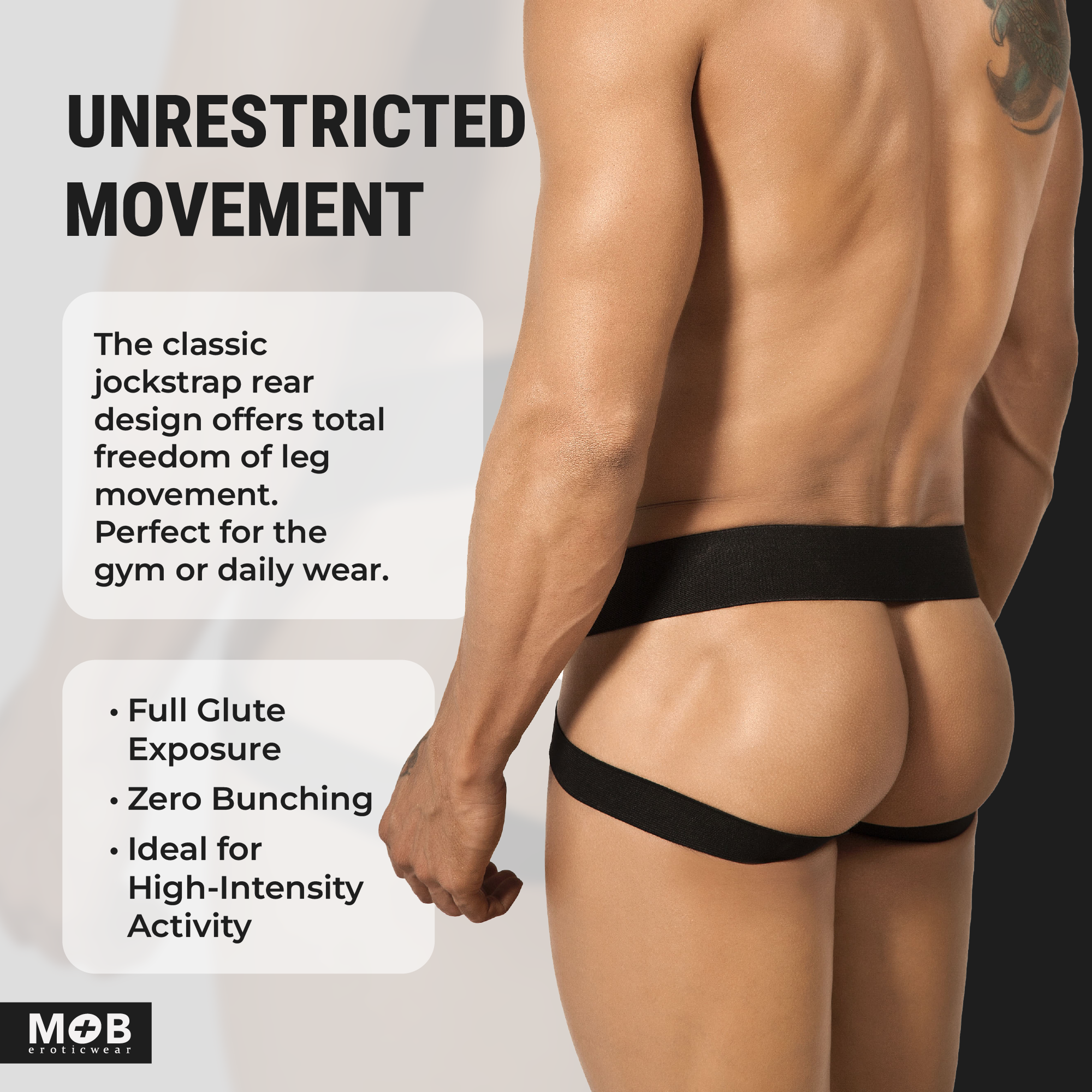 Black men’s x jockstrap back view with elastic bands and classic rear design for full glute exposure and movement