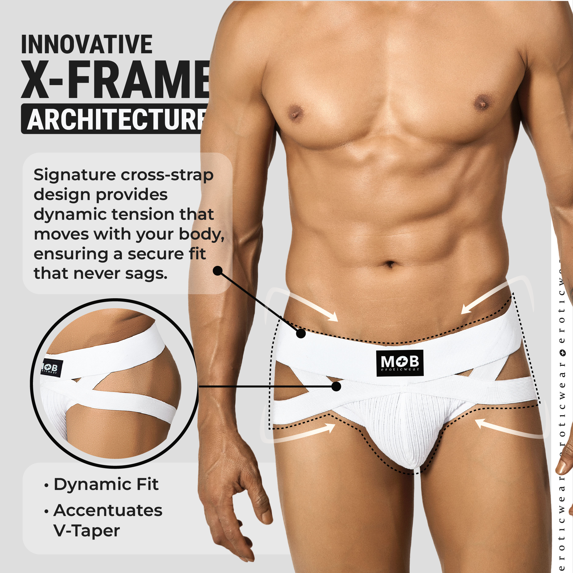 White form-fitting men’s x jockstrap underwear with x-frame design and cross straps by mob