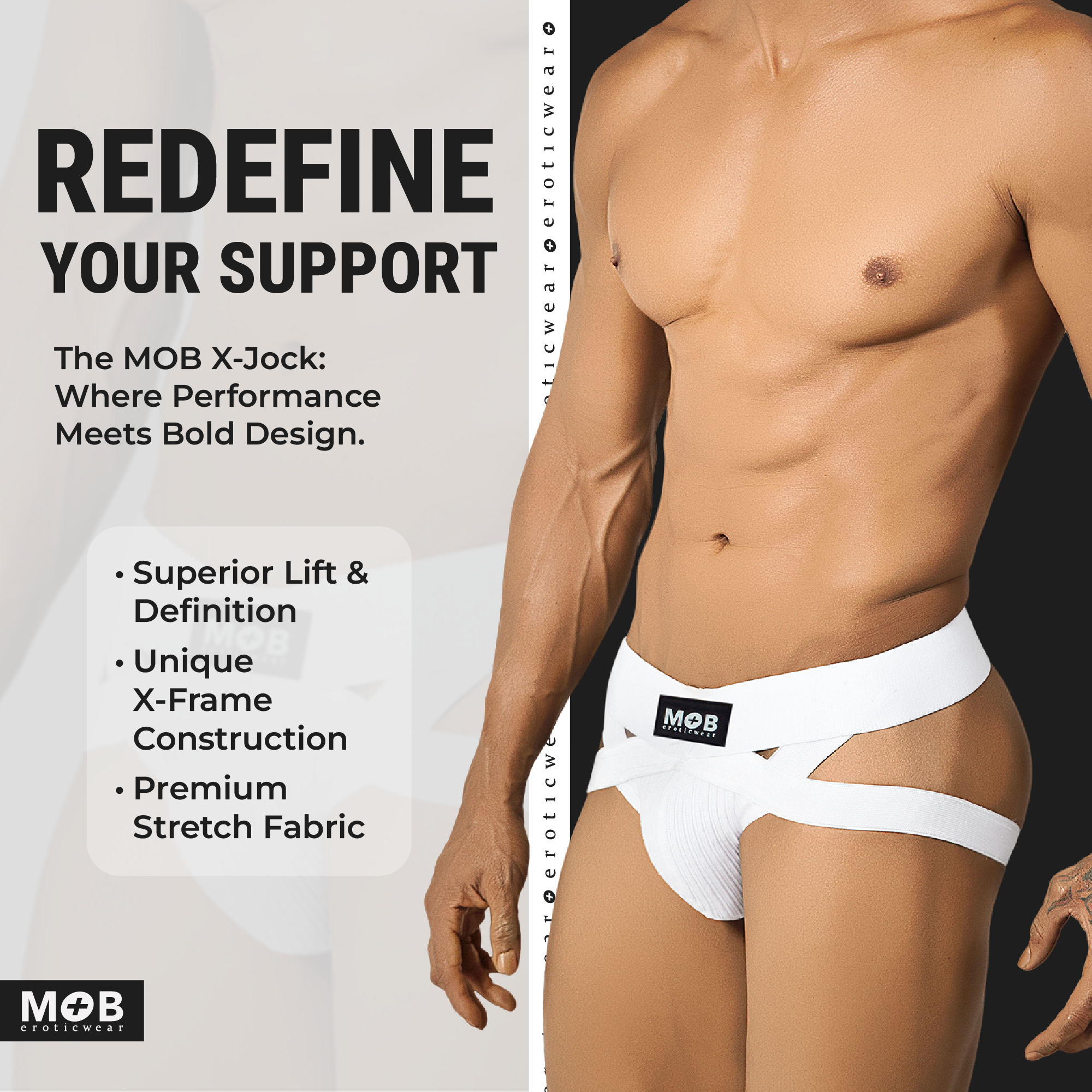 Men’s x jockstrap in white with x-frame construction and premium stretch fabric by mob eroticwear showing back side
