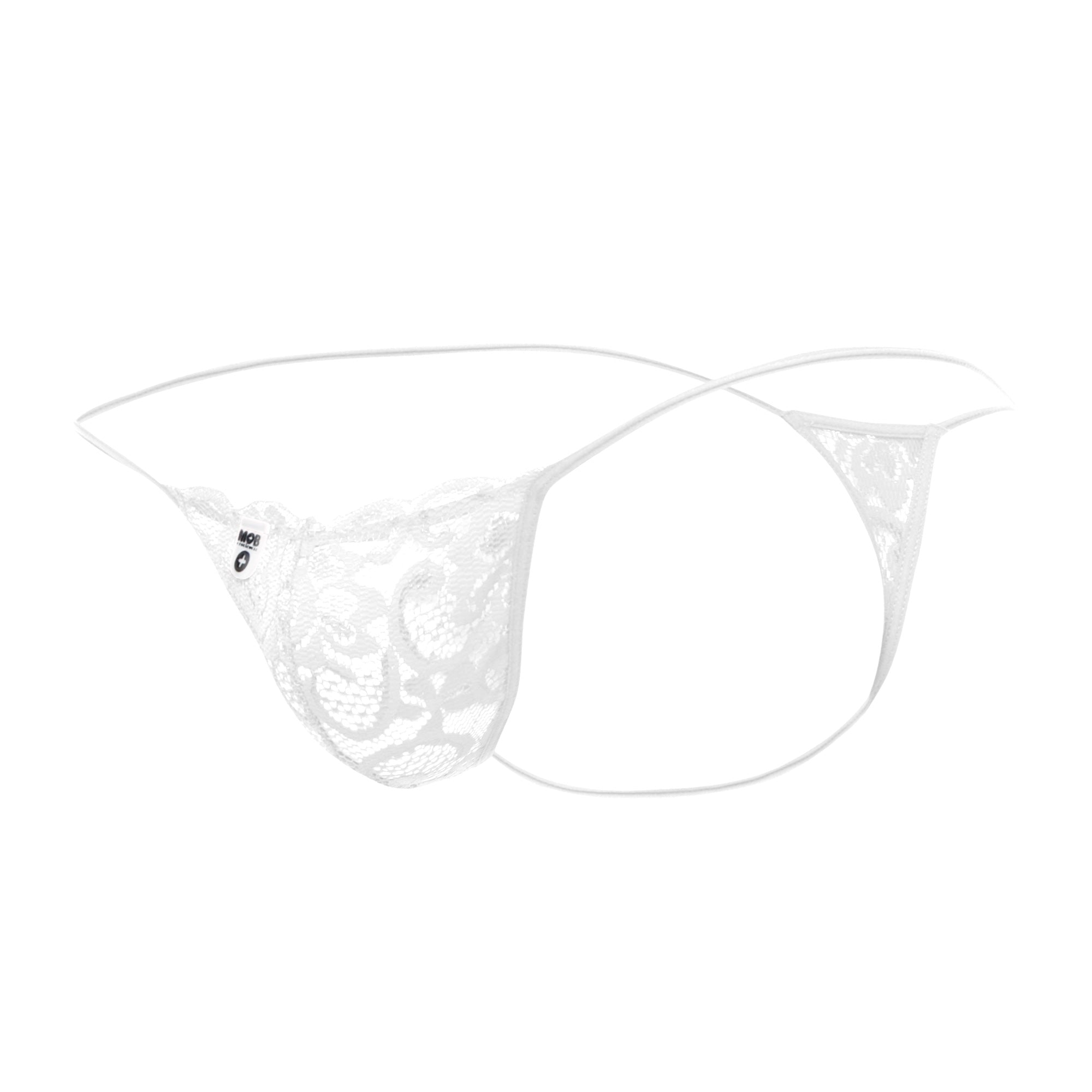 White lace thong with delicate floral pattern and thin elastic straps from MOB men’s lace thong collection