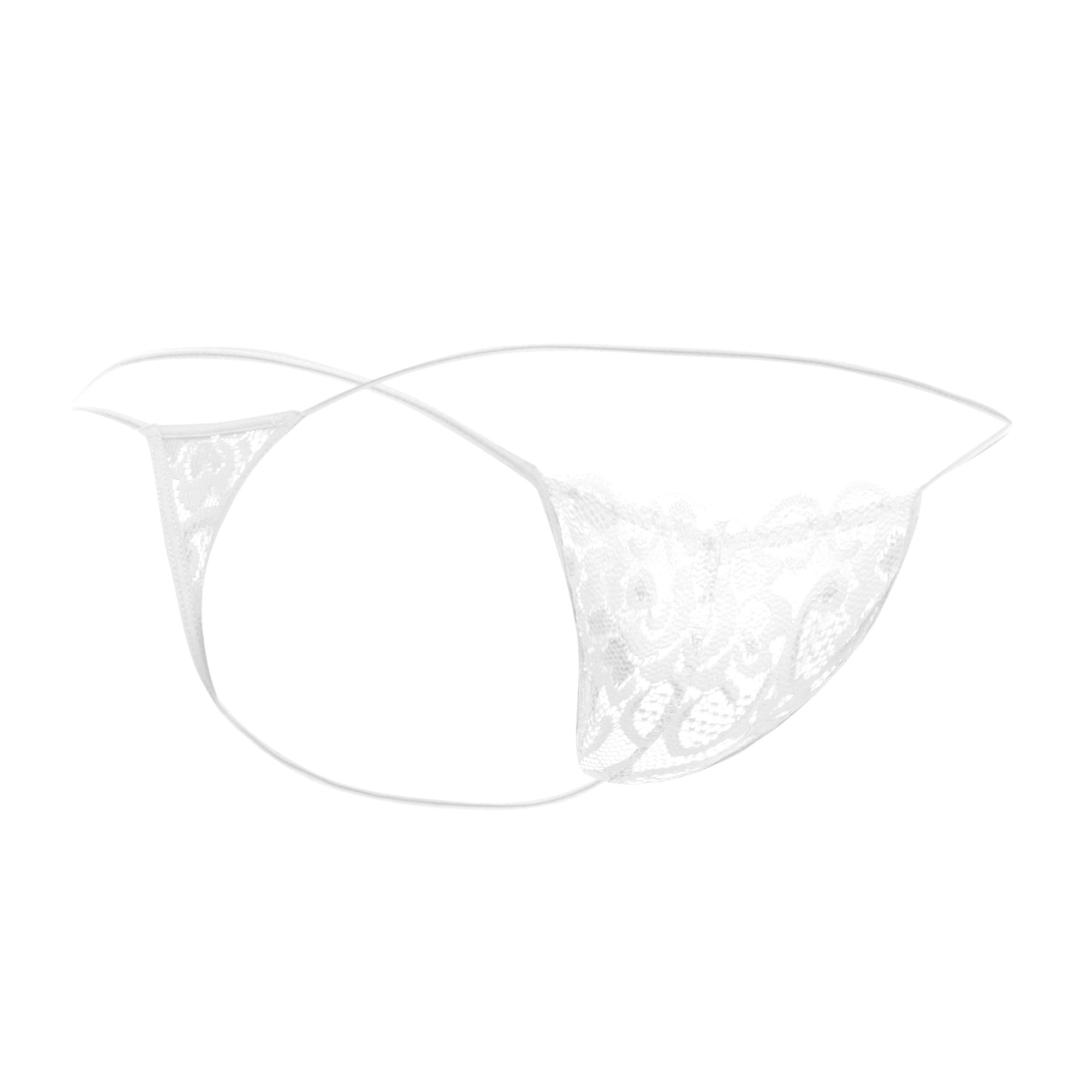 White lace thong by mob for men featuring delicate floral patterns and thin elastic straps in white lace material