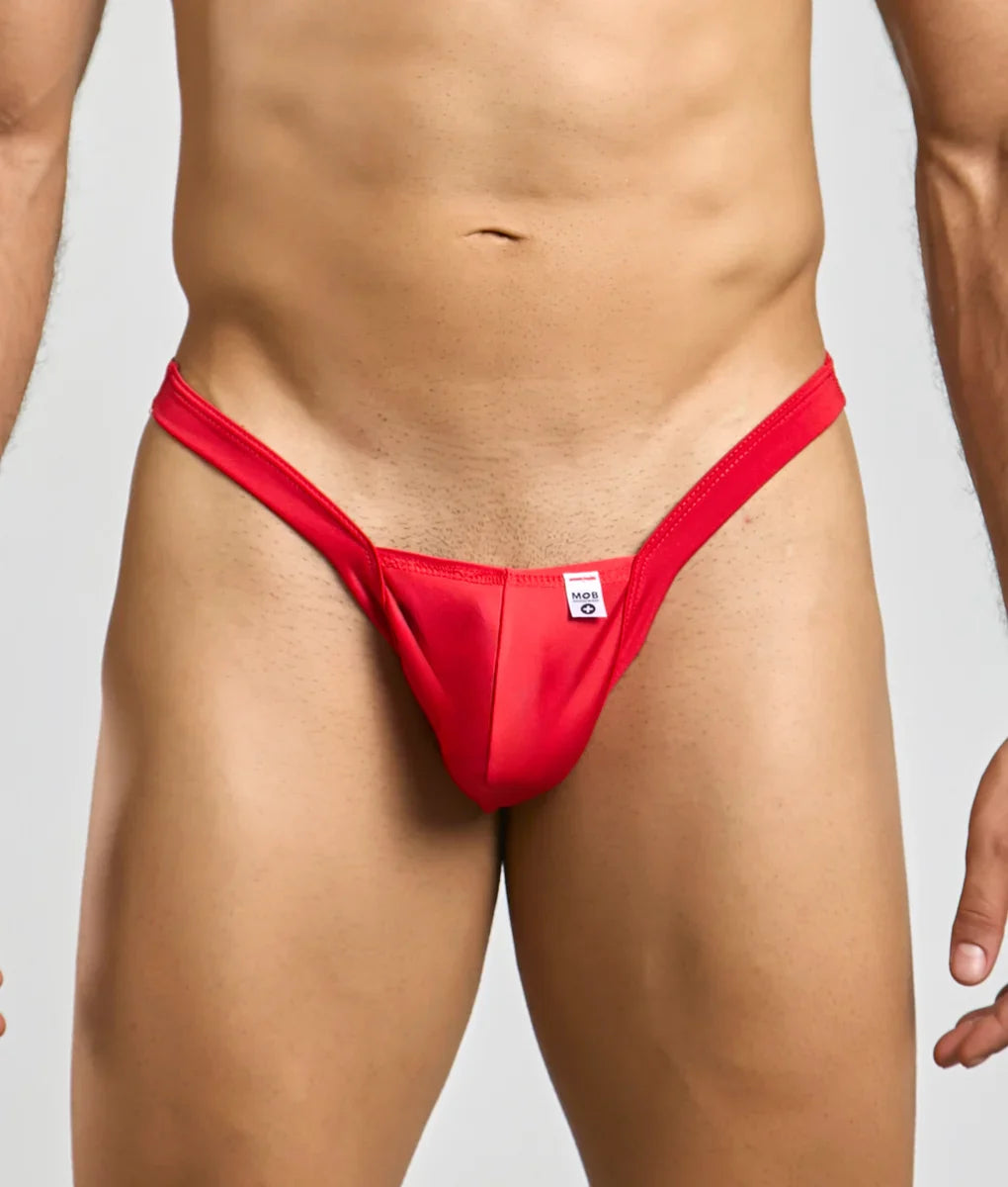 Red thong mob y buns thong with a small white tag at the center front made of soft fabric for comfortable wear