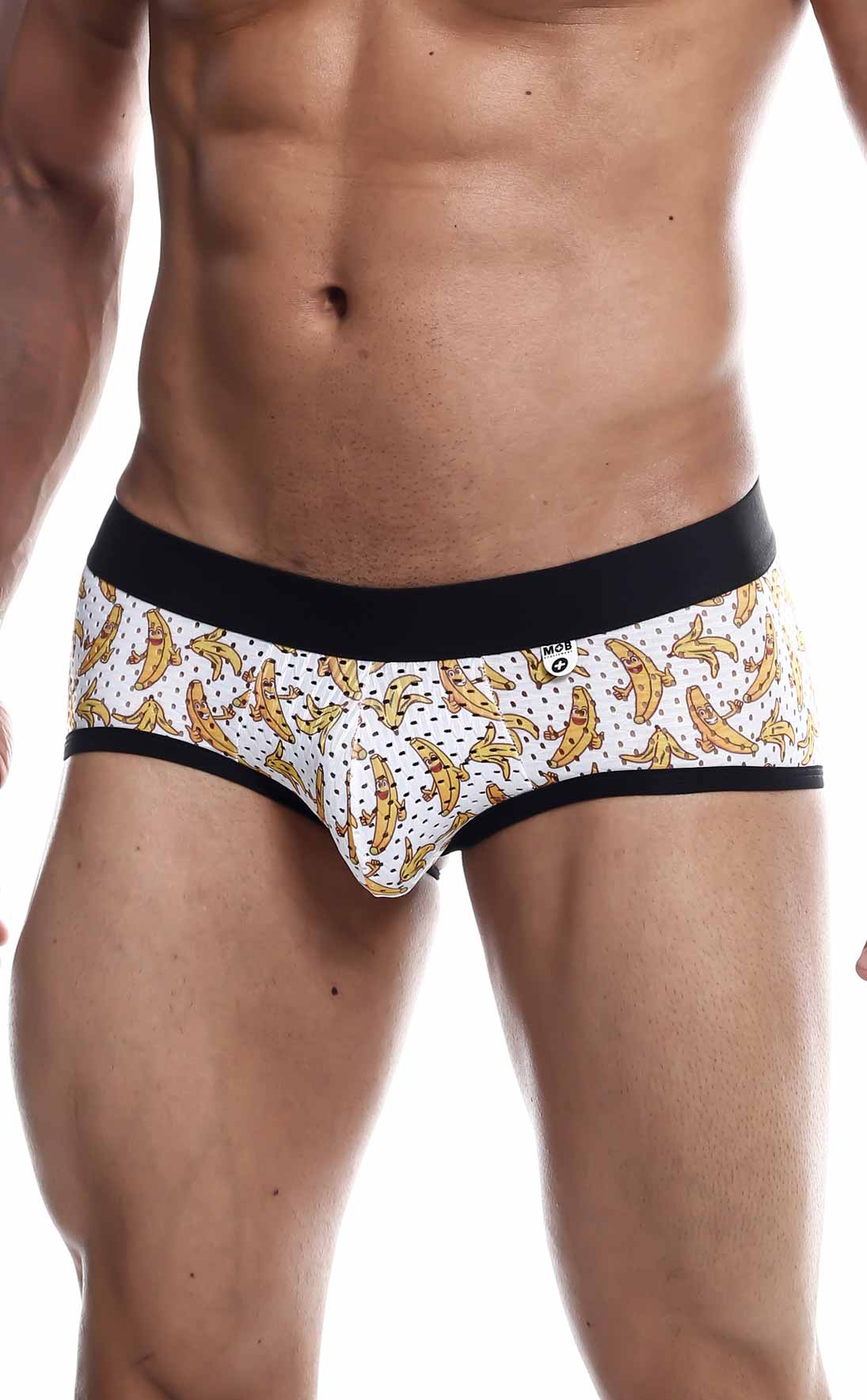 White banana patterned briefs with black elastic waistband and trim from mob aero brief final sale collection