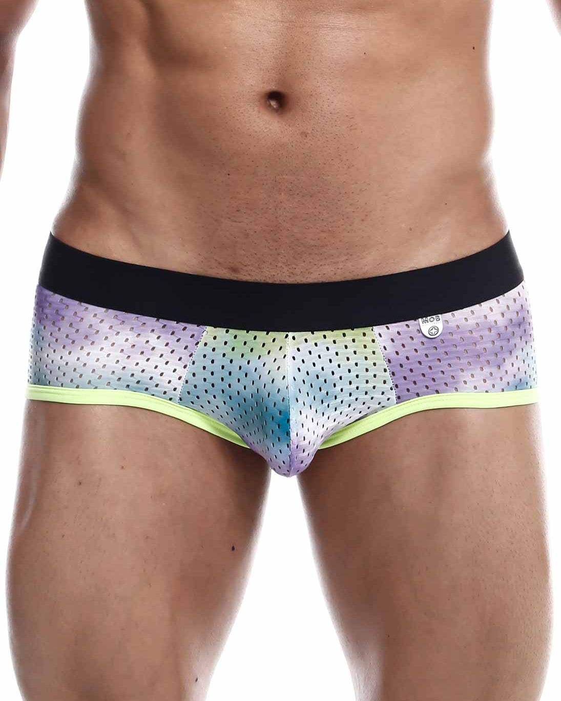 Mob aero brief final sale rainbow gradient mesh briefs with black waistband and neon green trim front view