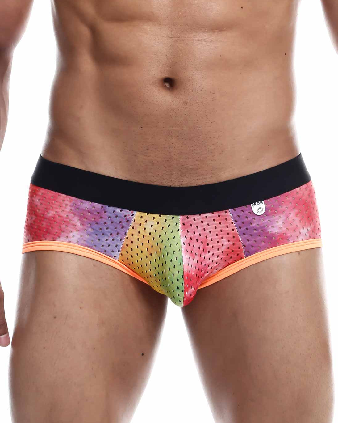 Mob aero brief final sale rainbow-colored perforated mesh briefs with black waistband and orange trim front view