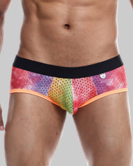 MOB Aero Brief final sale mesh rainbow-colored men’s briefs with black waistband and orange trim