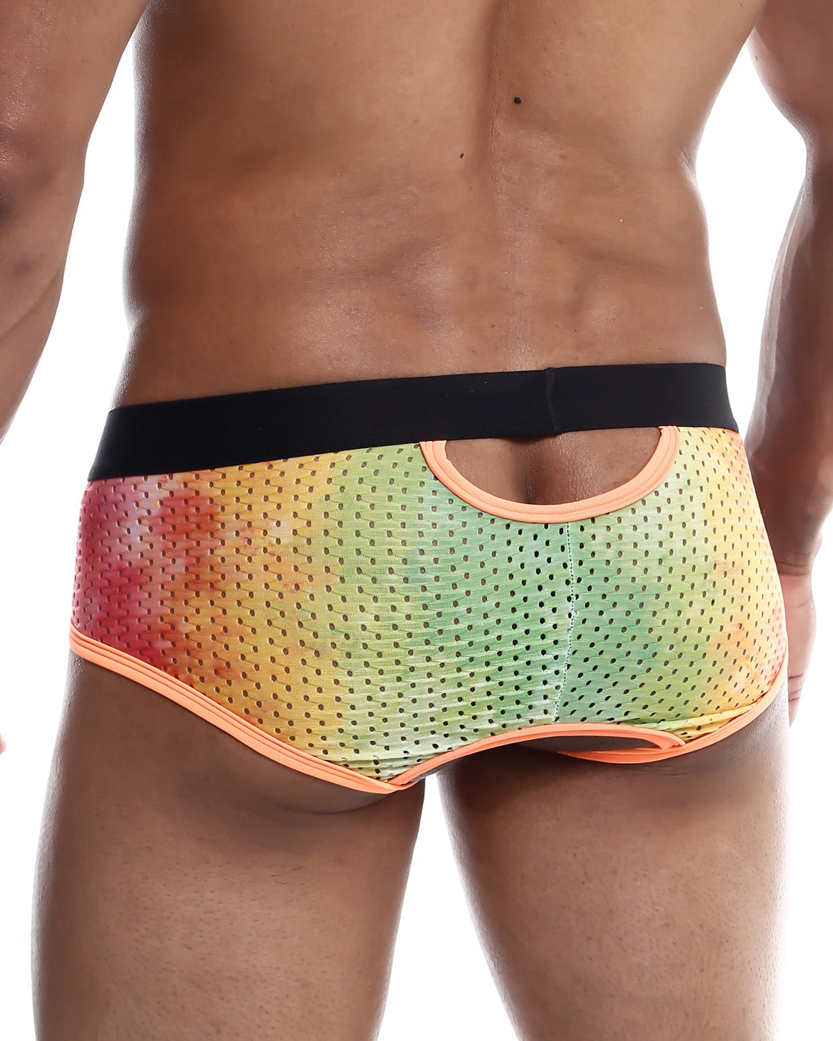 Mob aero brief final sale vibrant rainbow gradient mesh briefs with black waistband and orange trim front view
