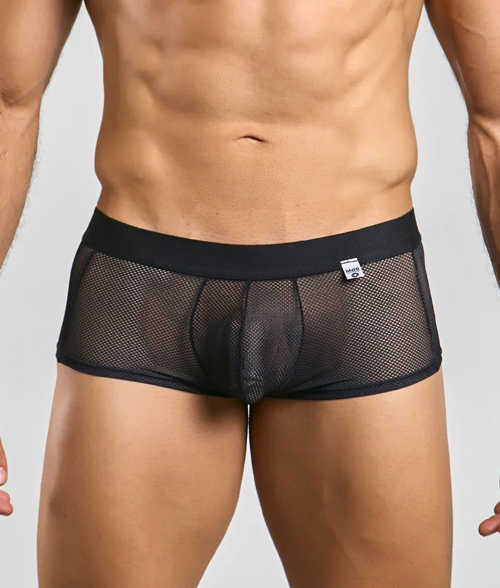 Black mesh mob fishnet boxer briefs with solid black waistband and small white brand tag