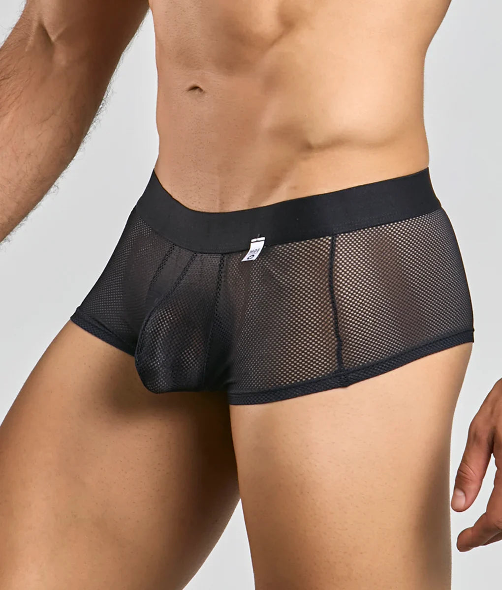 Black mesh mob fishnet boxer briefs with solid waistband and small white tag visible on front side