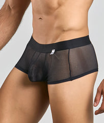 Black mesh mob fishnet boxer briefs with solid waistband and small white tag visible on front side