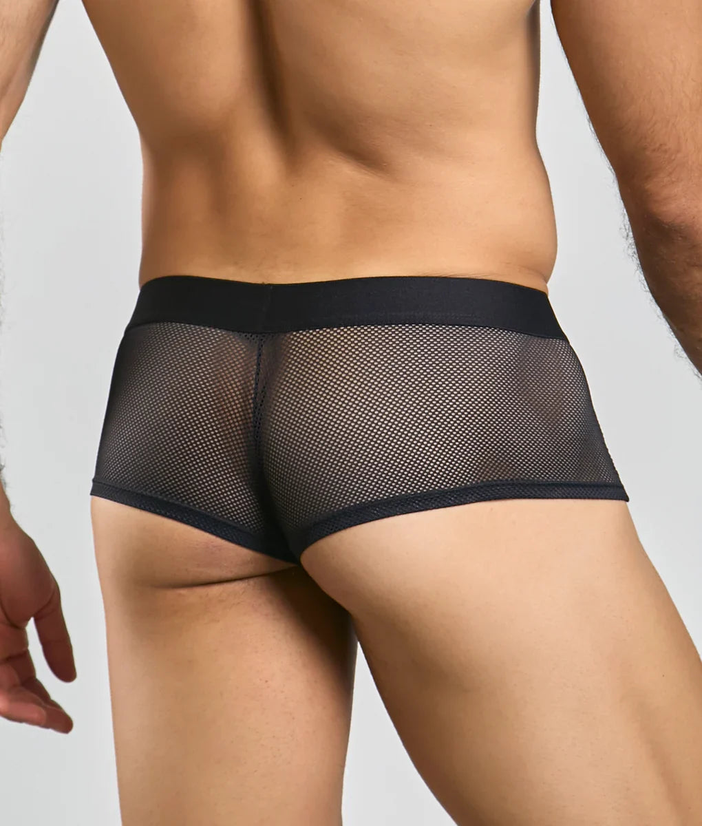 Black mesh briefs with solid black waistband featuring a fishnet design for breathable comfort