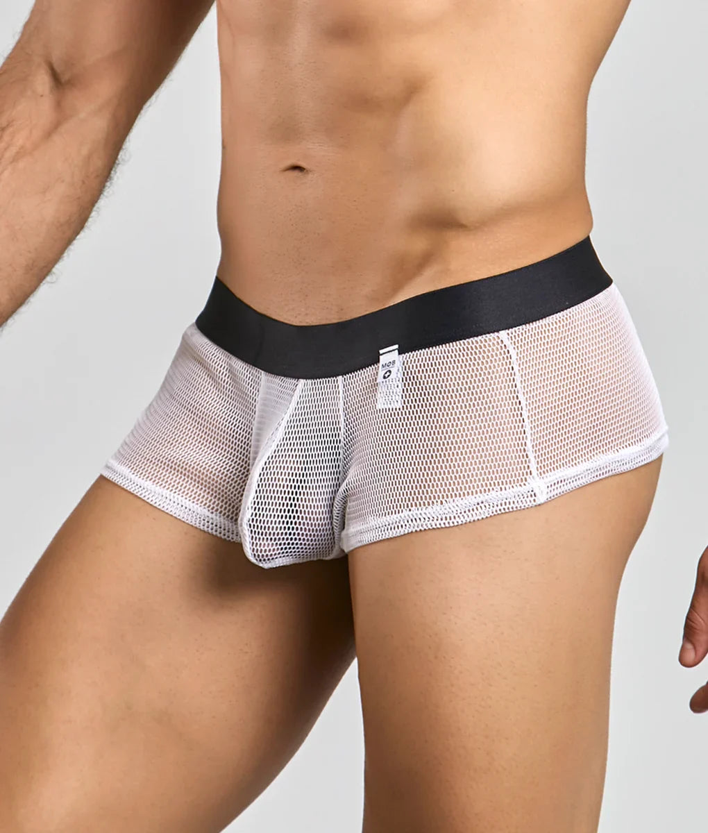 White mesh briefs with black elastic waistband and small tag in mob fishnet boxer for breathable comfort