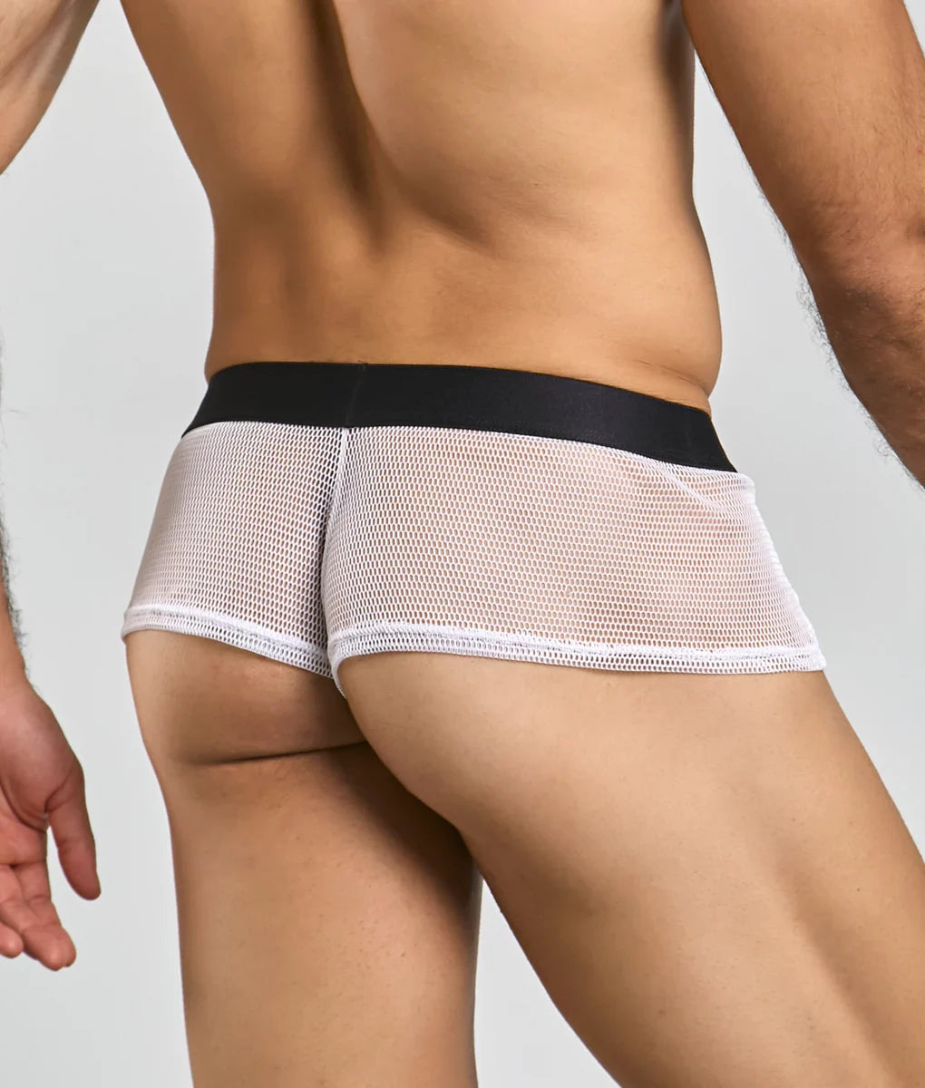 White mesh briefs with a black waistband featuring fishnet material from mob fishnet boxer collection