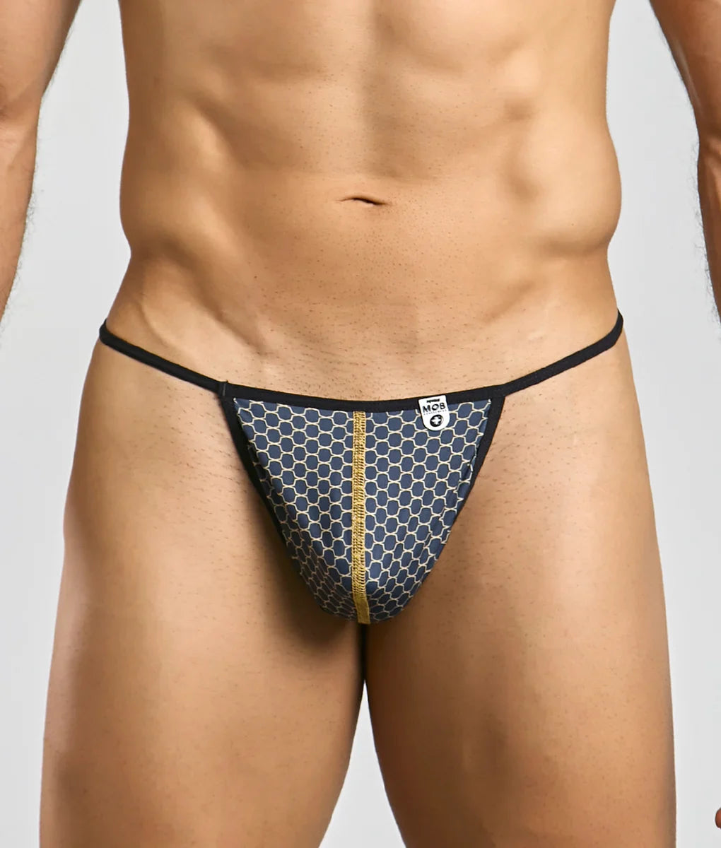 MOB hipster T thong print in navy blue honeycomb pattern with black trim and gold zipper detail front view
