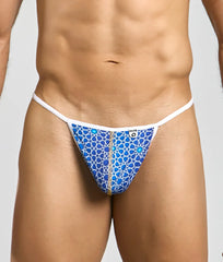 MOB Hipster T Thong Print blue patterned thong with white trim gold zipper and intricate geometric design front view