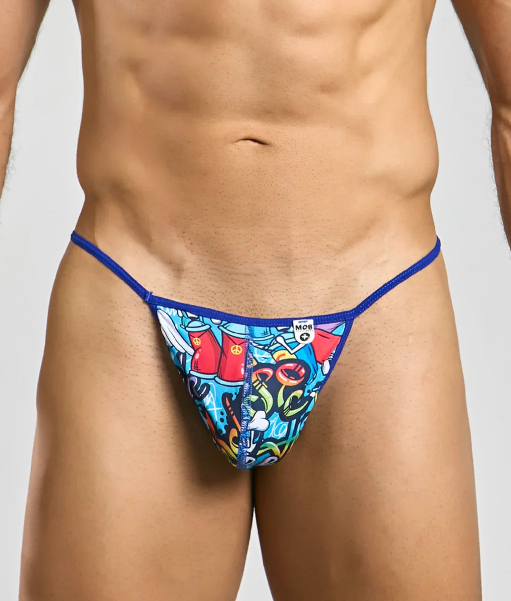 Mob hipster t thong print featuring vibrant blue multicolored graffiti pattern with solid royal blue waistband and mob logo