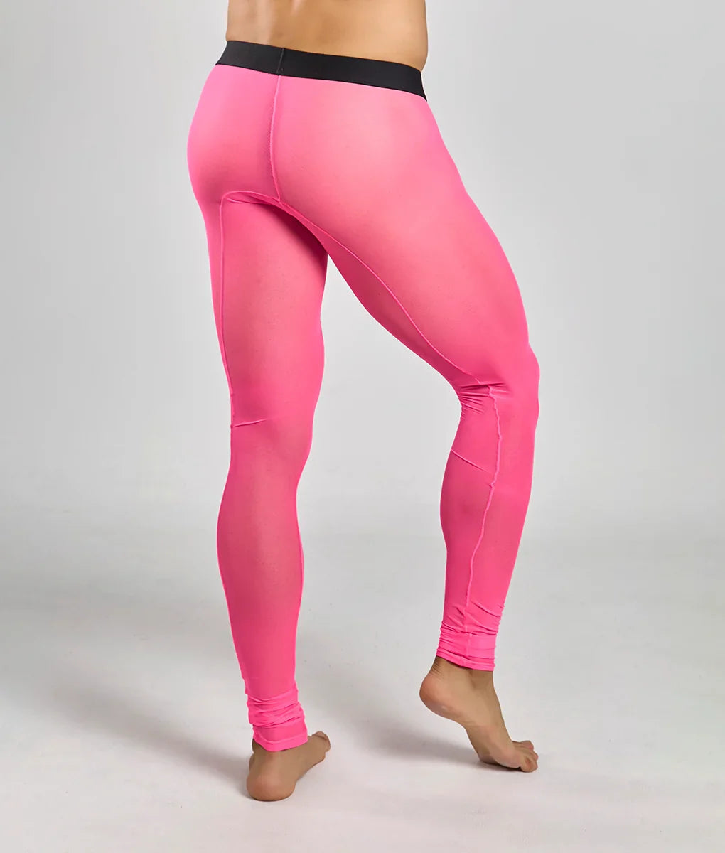 Bright pink form-fitting mob mesh tights with black waistband designed for active wear and comfort
