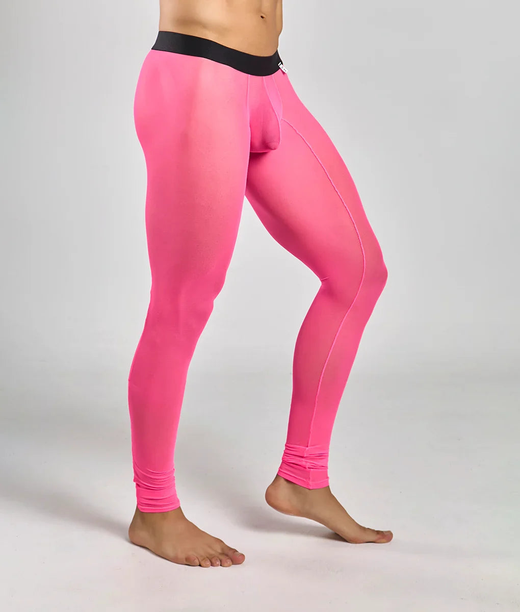MOB mesh tights bright pink sheer mesh leggings with black elastic waistband for stylish breathable wear