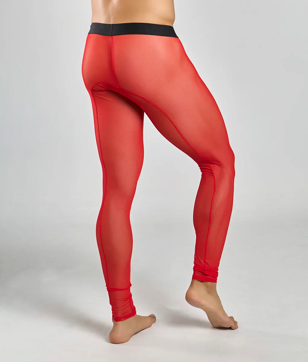 Red sheer mesh leggings with a black waistband from mob mesh tights showcasing breathable and stylish design