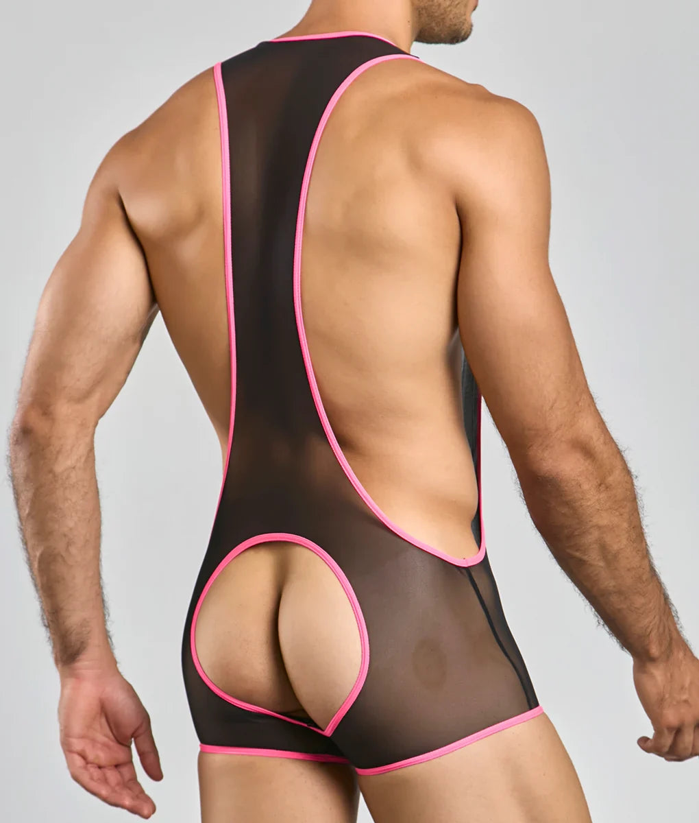 Back view of mob singlet black sheer wrestling singlet with vibrant pink trim and circular cutout