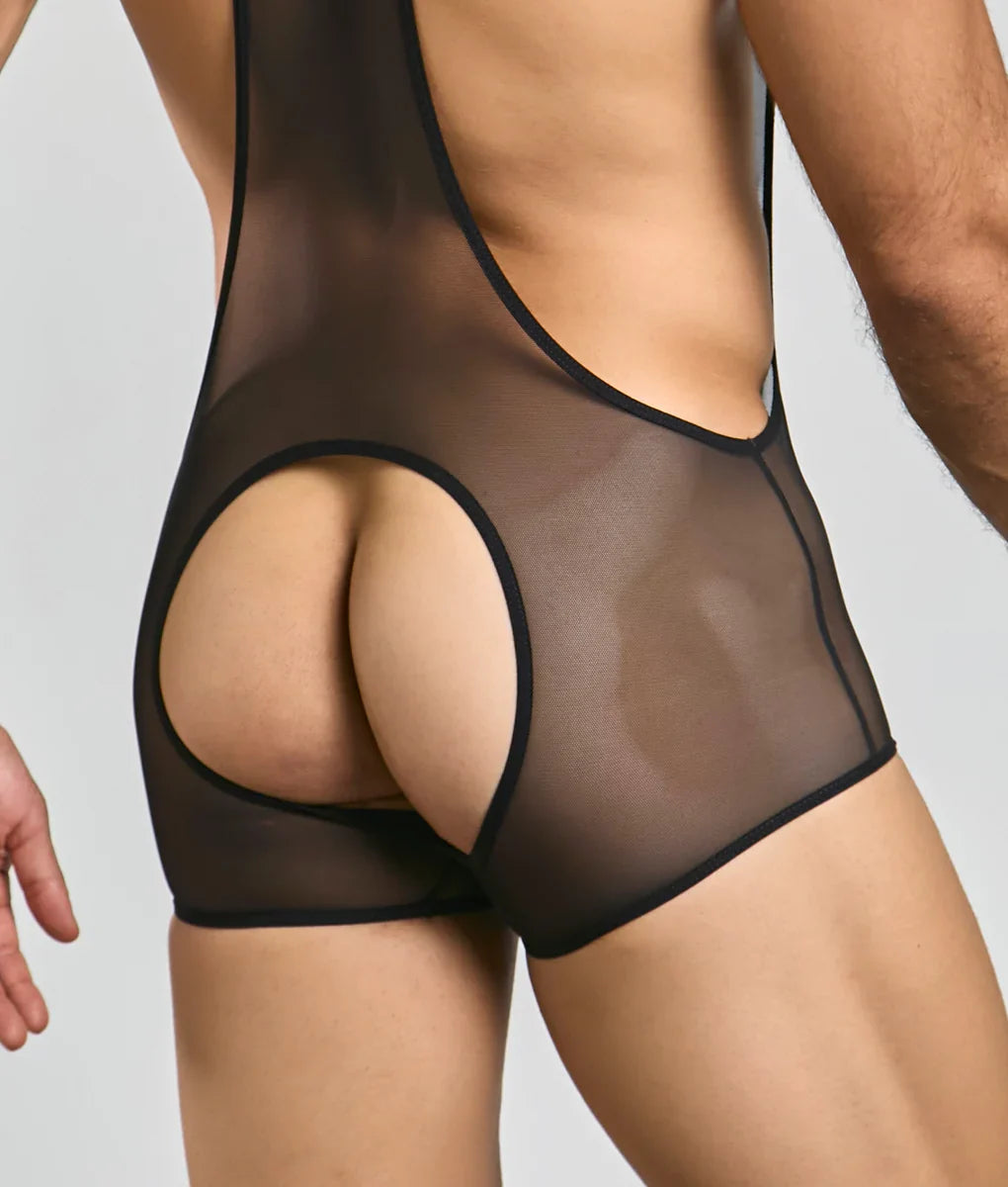 Back side of black sheer mesh mob singlet bodysuit with a cutout detail at the back