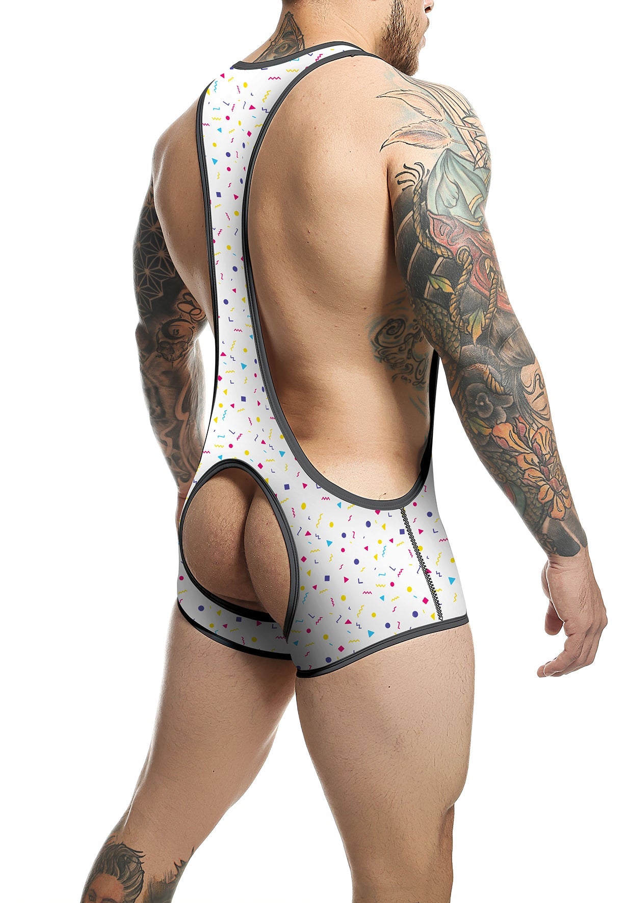 White wrestling singlet mob singlet with colorful confetti pattern and black trim for athletic use