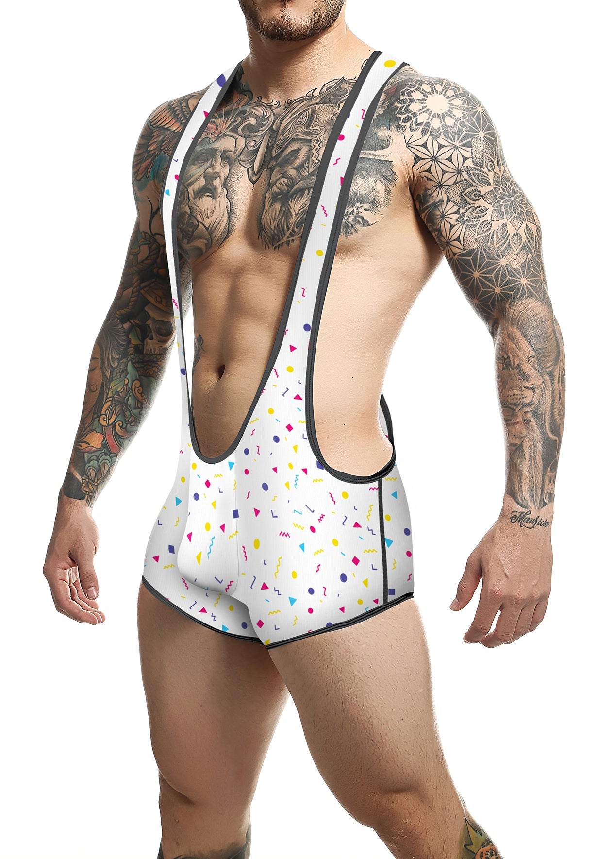 White men’s wrestling singlet mob singlet with colorful confetti pattern and black trim designed for athletic use