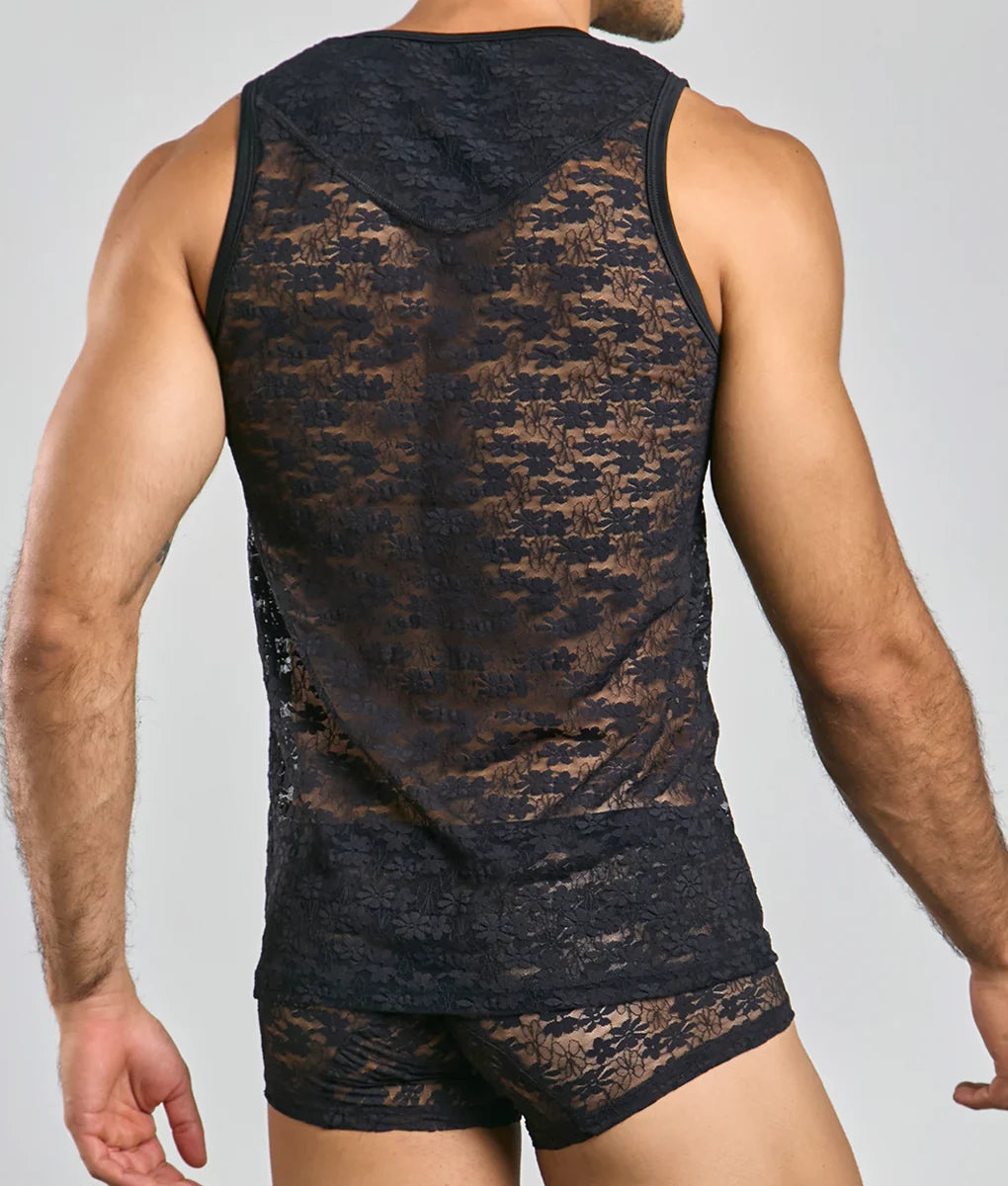 Black lace hooded tank top with floral pattern featuring sheer fabric and adjustable hood for stylish layering