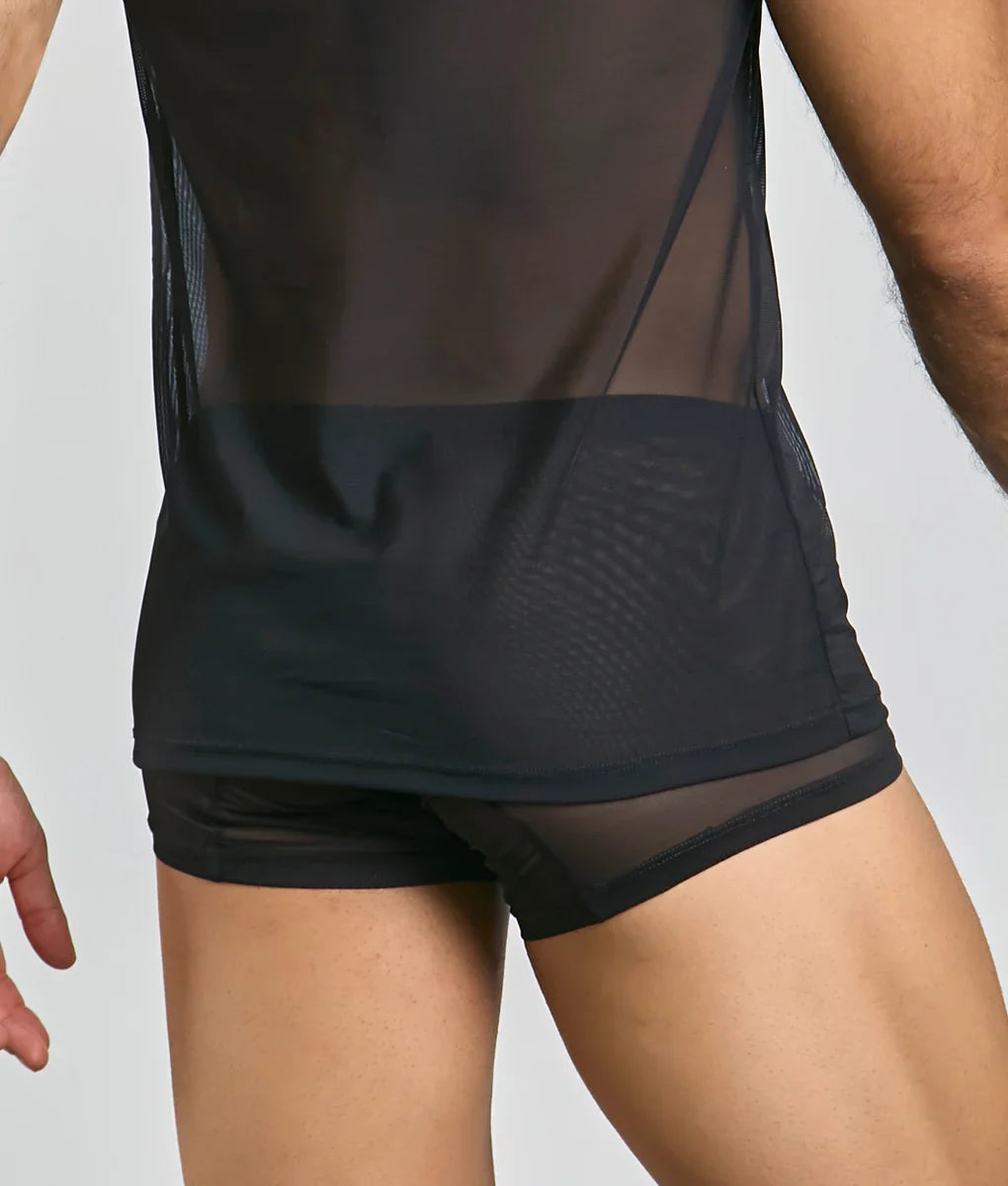 Black sheer mesh athletic shorts with solid waistband and reinforced side panels paired with mob lace tank top