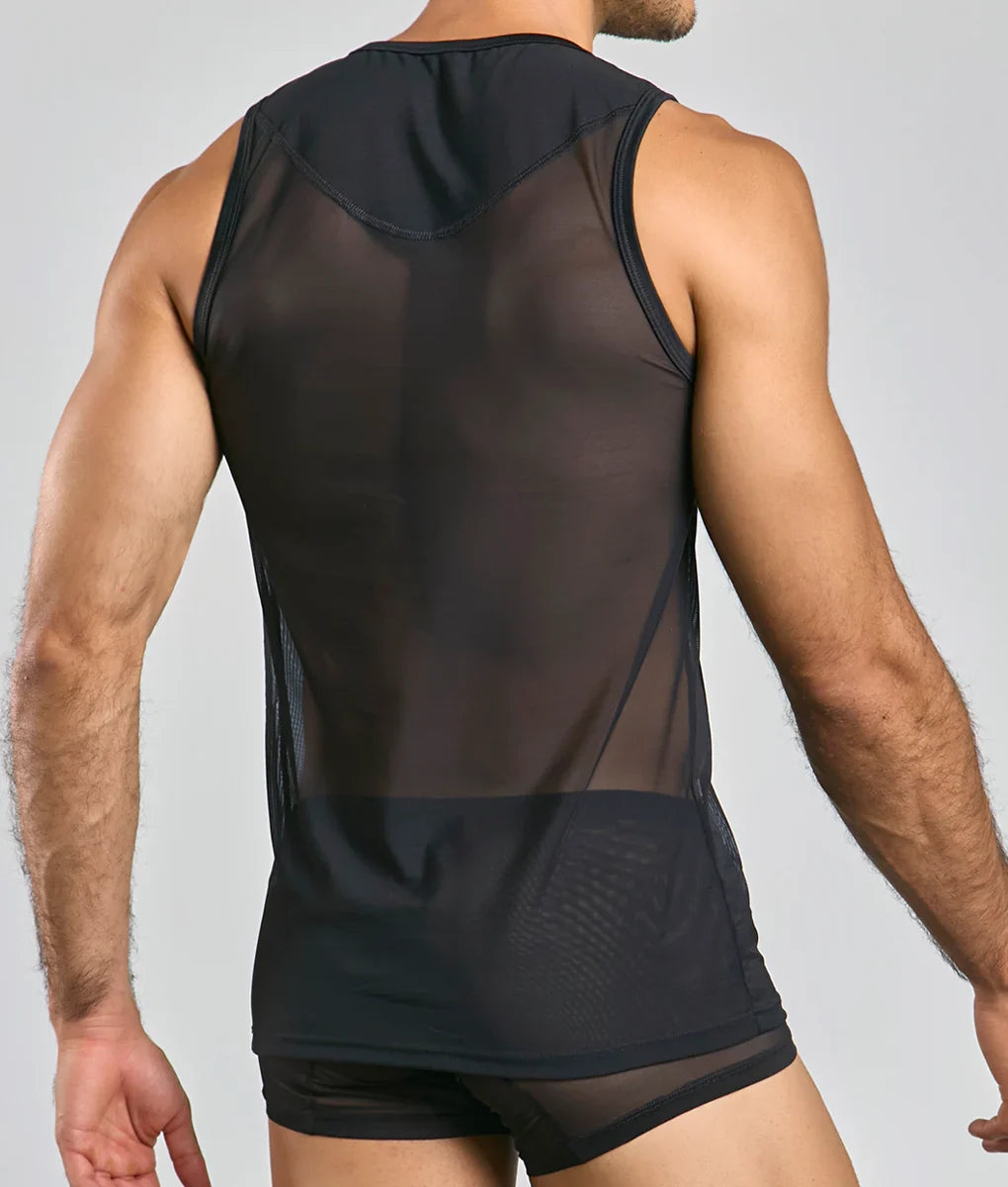 Black sheer mesh mob lace tank top with solid black panel at the bottom showing front side details
