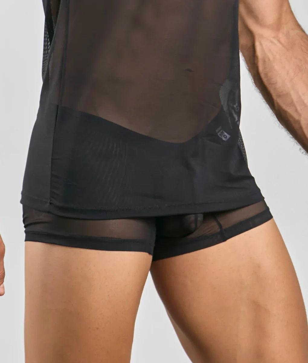 Black mesh athletic shorts with sheer form-fitting design and reinforced waistband paired with mob lace tank top