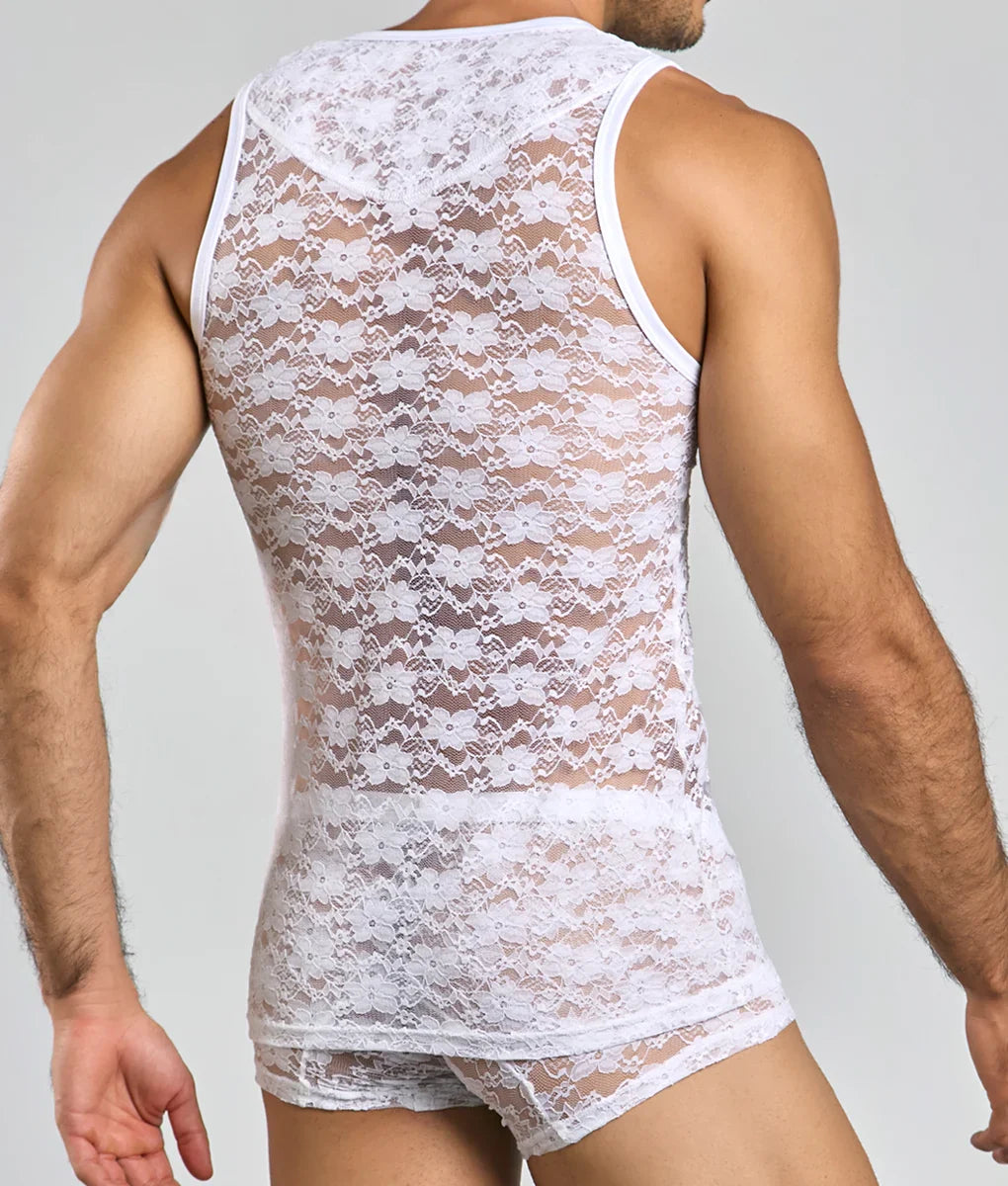 Mob lace tank top white floral lace with sheer mesh panels and a fitted form-fitting design