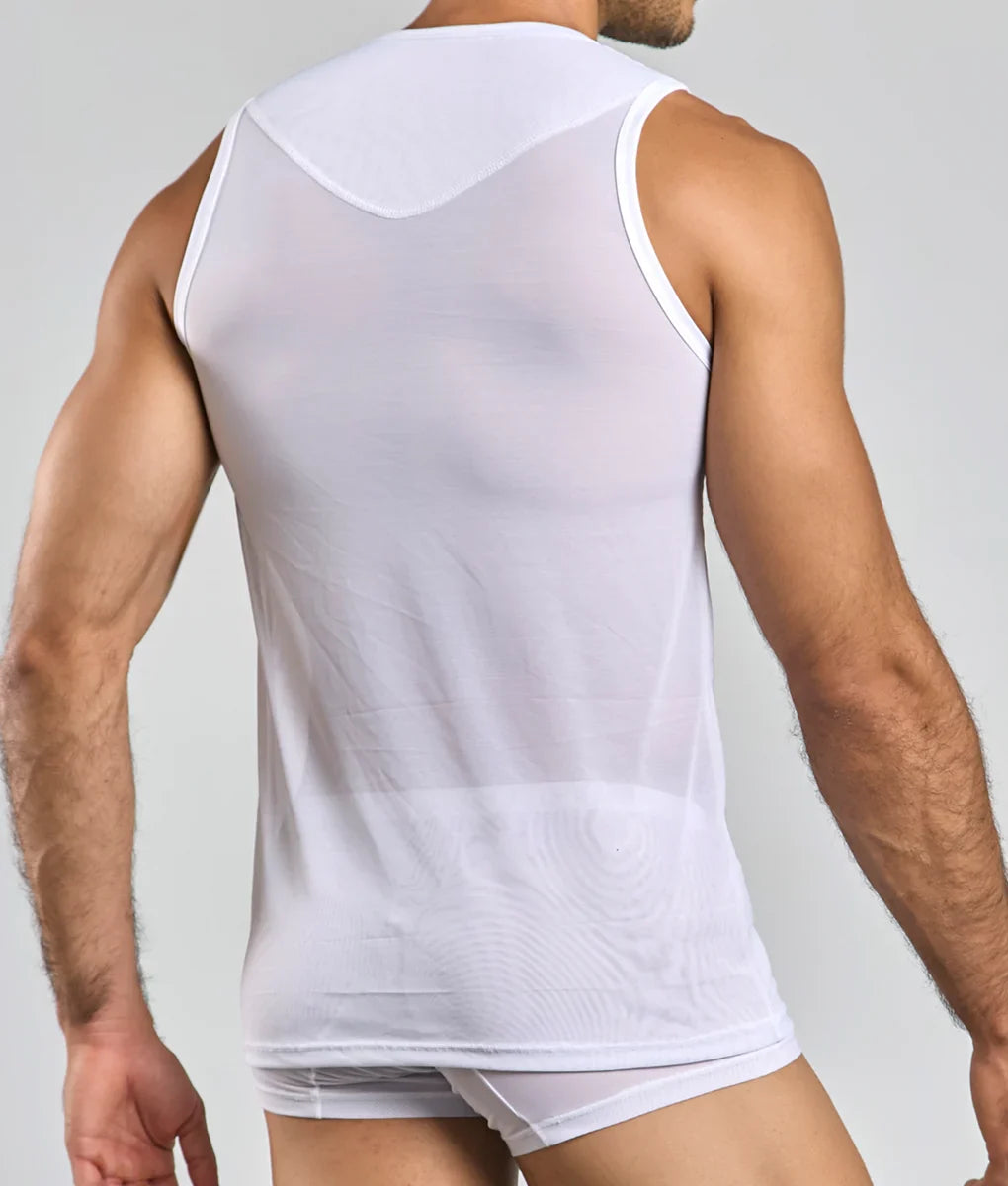 Mob lace tank top white sheer mesh with white trim and subtle embossed pattern front view