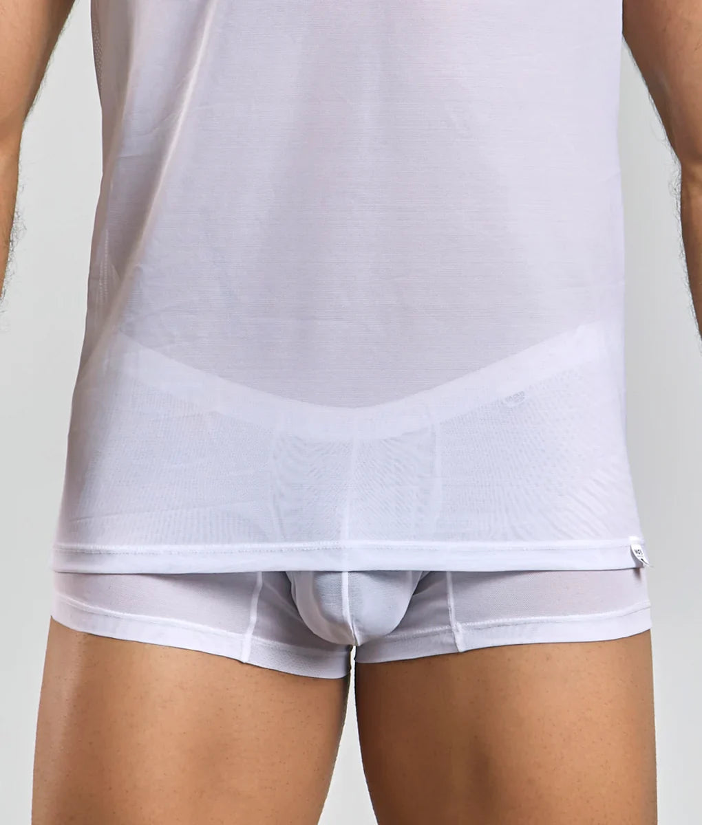 White seamless athletic briefs with contoured design and subtle elastic waist paired with mob lace tank top