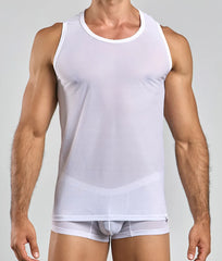 White sheer mesh mob lace tank top with round neckline and subtle curved design detail for layering or casual wear