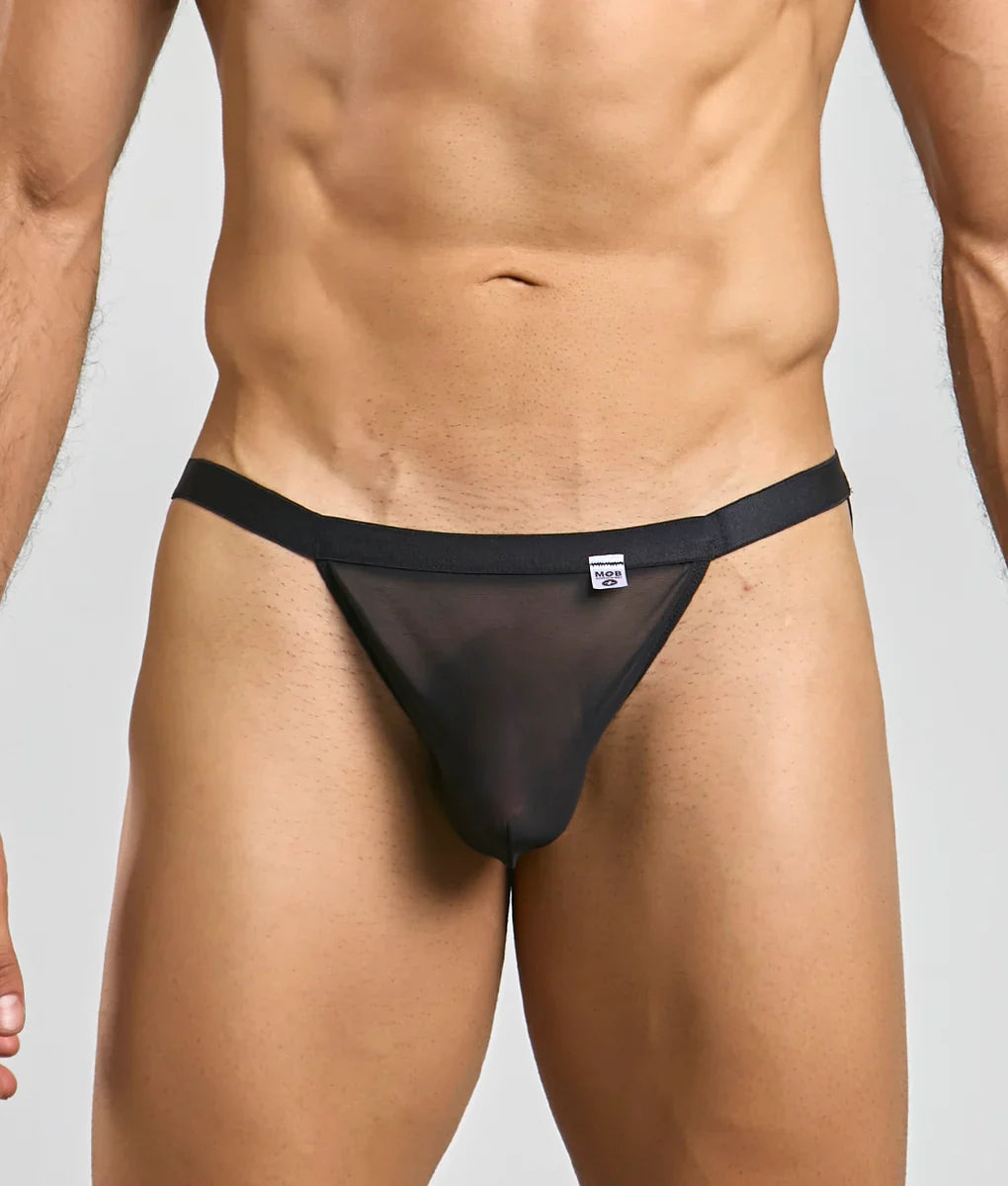 Black sheer mesh thong with solid black waistband from mob y sexy thong shown from the back side