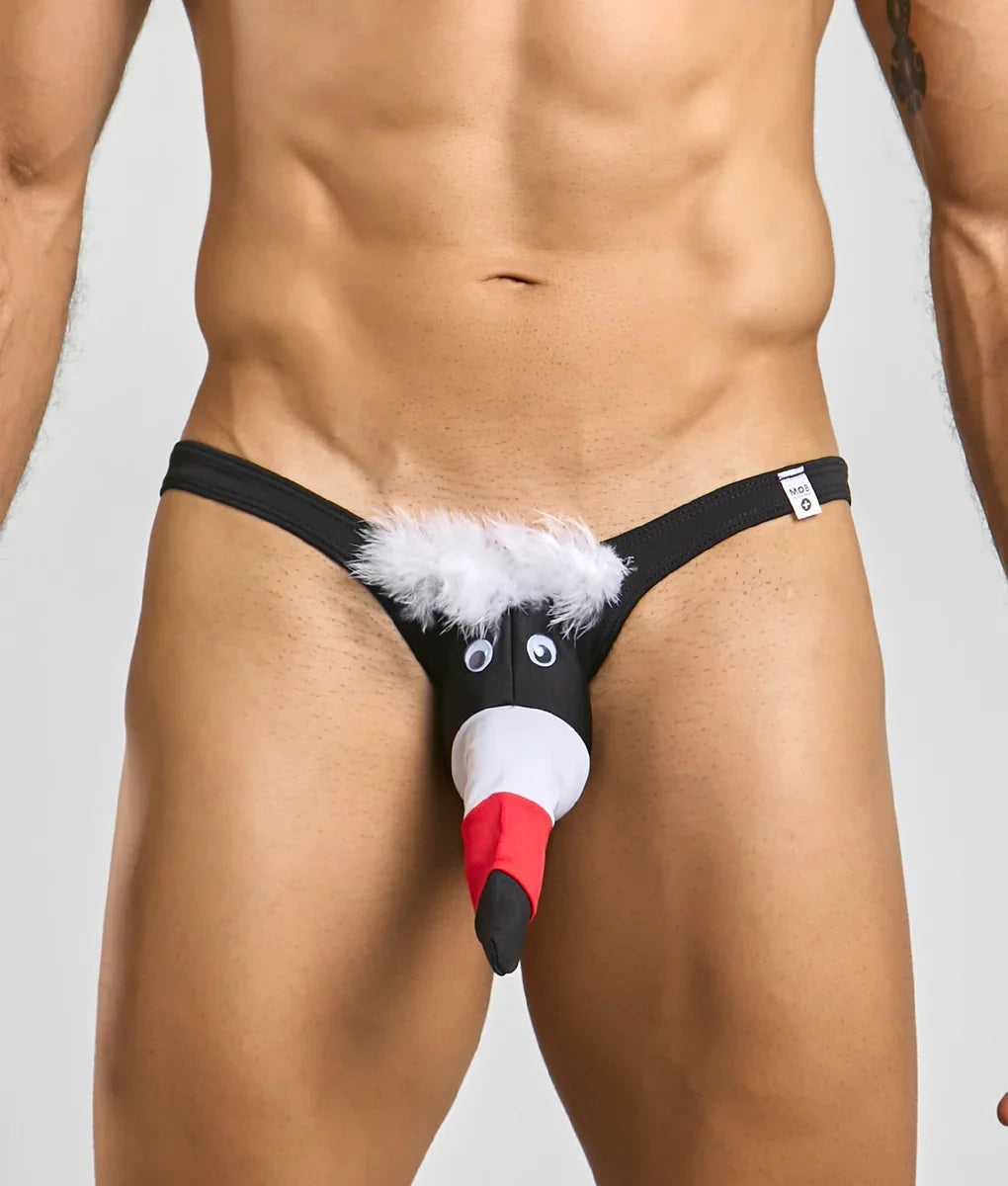 Black novelty thong for men with cartoon penguin design white fluffy trim red black beak and googly eyes
