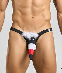 Black novelty thong for men with cartoon penguin design white fluffy trim red black beak and googly eyes