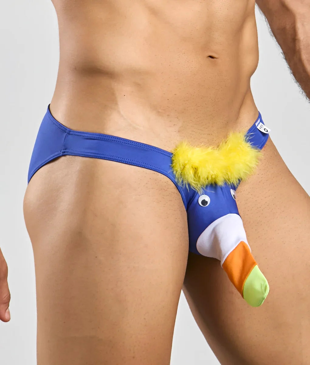 Toucan bikini for men blue novelty underwear with cartoon duck design yellow feather trim and googly eyes
