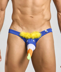 Toucan bikini for men featuring a blue toucan-themed thong with yellow feathered crest and orange and green beak design
