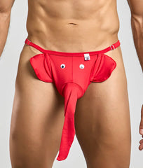 Red elephant-themed thong with googly eyes and a long trunk made of stretchy fabric showing front side details