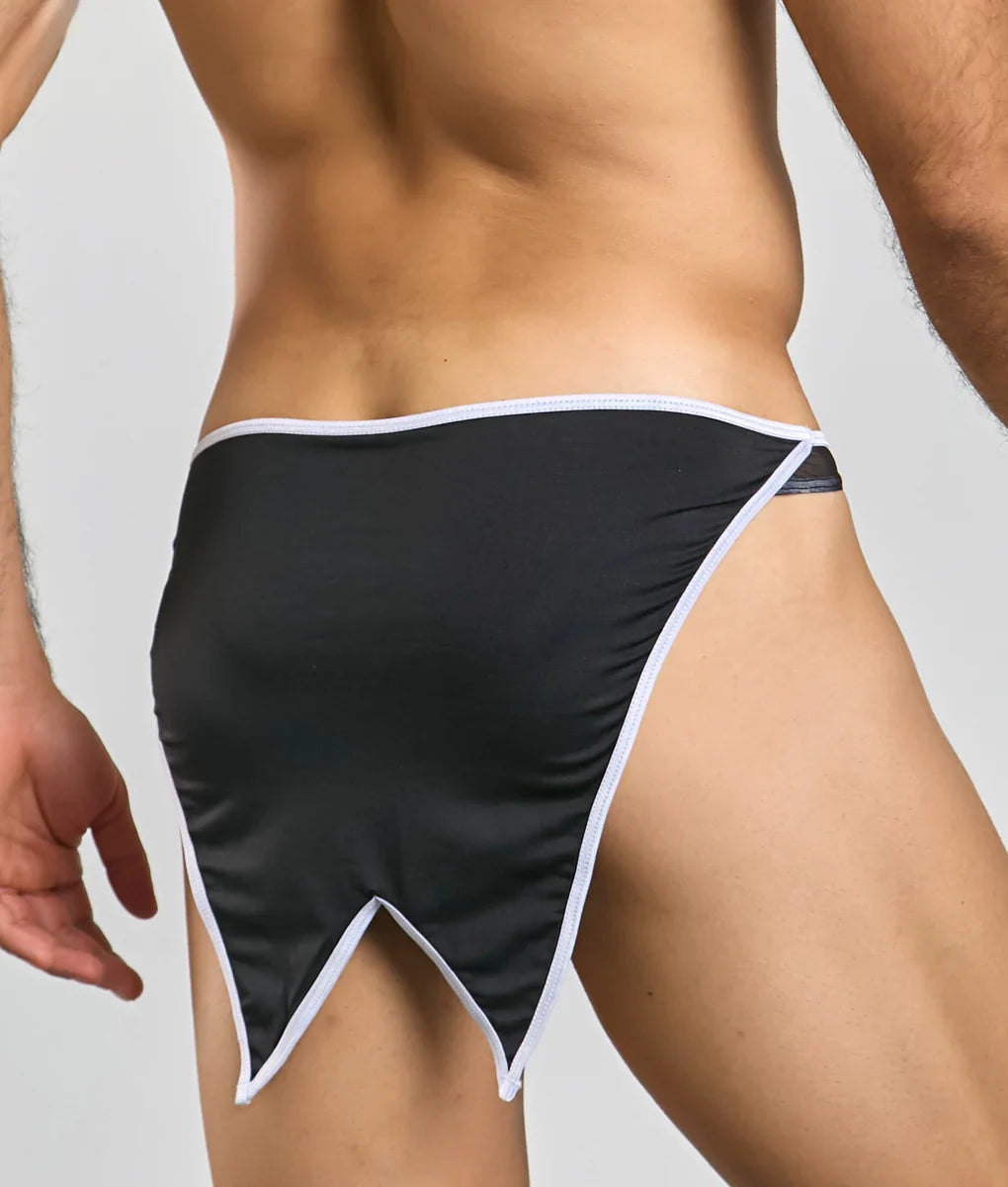 Black satin mob buttler costume briefs with white trim and triangular cutouts at the leg openings
