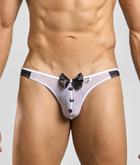 Gray sheer tuxedo-style thong with black bow and button details for the mob buttler costume shown from the back side