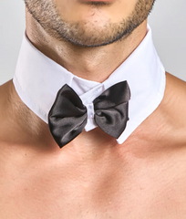 Black satin mob bow tie with french cuffs worn with white dress shirt collar for formal occasions