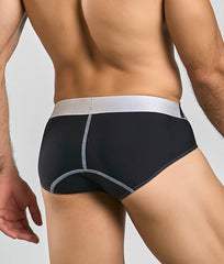 Black malebasics microfiber brief with silver waistband and matching stitching details